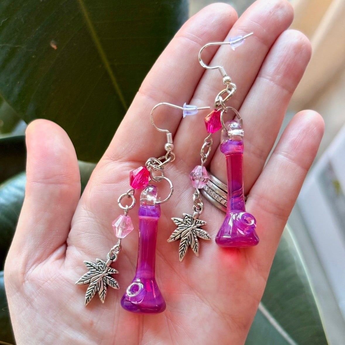 Dangly Hot Pink Glass Earrings