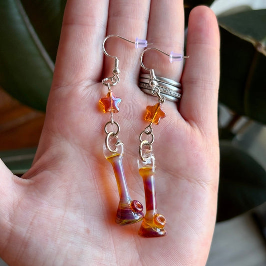 Dangly Amber Purple Glass Earrings
