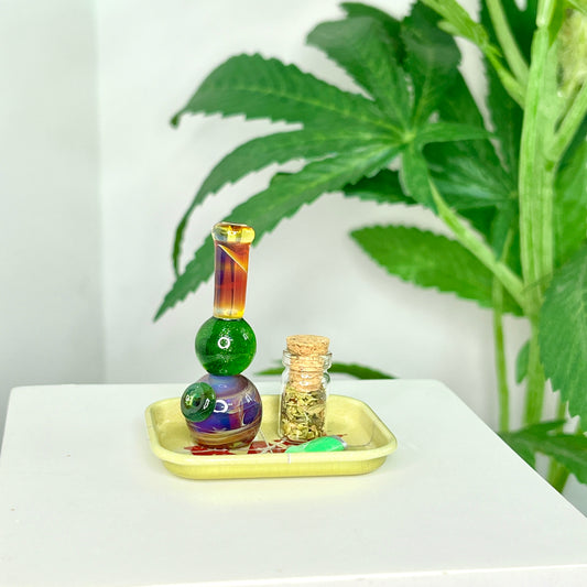 Green & Amber Purple Sculpture with Tray Set (adhered in place)